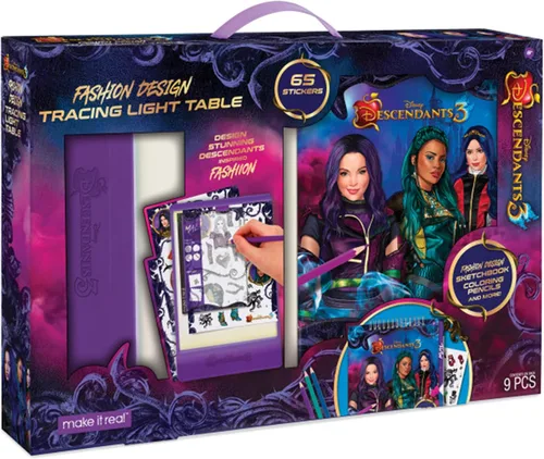 Vista 2 de Disney Descendants 3 - Mesa de luz de seguimiento de diseño moderno para niñas, juego de 9 piezas con cuaderno de bocetos, calcomanías, páginas