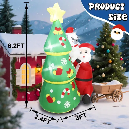 Vista 2 de 1.88 m de alto Árbol inflable navideño jumbo encantador con Papá Noel y oso polar, árbol inflable navideño animado con Papá Noel y oso polar, luces