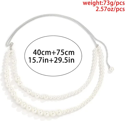 Vista 7 de Jumwrit Collar de cadena de perlas en capas y cinturón de cadena de cintura de plata, ajustable, accesorios para mujer, Perla, aleación