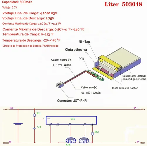 Vista 2 de Liter energybattery 3.7V Lipo Batería 800mAh Batería recargable de polímero de iones de litio 503048 con conector JST