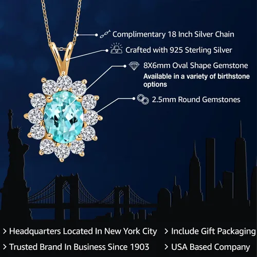 Vista 99 de Gem Stone King Collar con piedra natal ovalada de plata chapada en oro amarillo de 18 quilates, ovalado de 0.315 x 0.236 in, collares con colgante