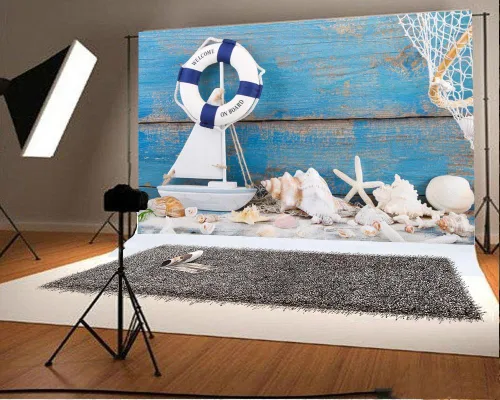 Vista 3 de Yeele Tablero de férula de madera azul de 8 x 6 pies, fondo de fondo de marinero, ancla náutica, diseño de conchas de mar, fondo de fotografía, boya