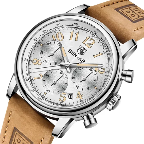 Vista 2 de BENYAR - Reloj de pulsera elegante para hombre, reloj de correa de cuero auténtico, movimiento de cuarzo perfecto, impermeable y resistente a