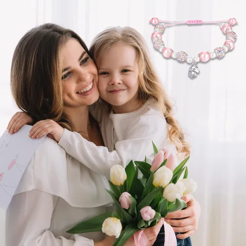 Vista 5 de HGDEER Valentines Day Gifts for Little Girls Unicorn Bracelet for DaughterGranddaughterNiece Pink Pearl and Rhinestone Balls Bracelet Adjustable
