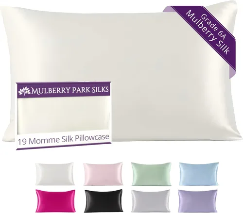 Vista 27 de Mulberry Park Funda de almohada 100% seda, 22 momme, seda de morera de grado 6A, cierre de cremallera oculto con borde de cuchillo, funda Blanco