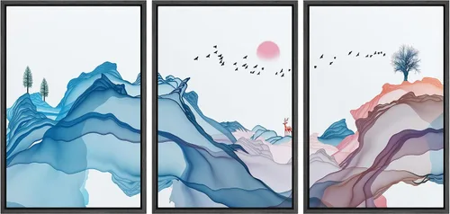 Vista 137 de NWT Lienzo enmarcado para pared, juego de arte en acuarela pastel, bosque de montaña oscura, naturaleza silvestre, ilustraciones de arte moderno