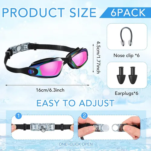 Vista 2 de Fabbay Paquete de 6 gafas de natación antivaho sin fugas, protección completa, para adultos, mujeres, hombres y jóvenes