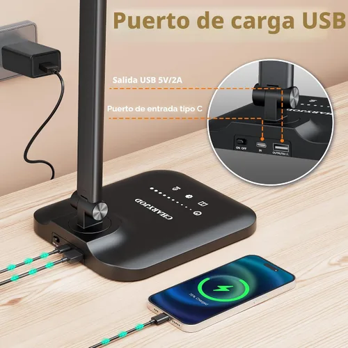 Vista 2 de CHARYJOD - Lámpara LED de escritorio para oficina en casa, luz de escritorio de arquitecto de altura ajustable con adaptador USB, lámpara de Negro