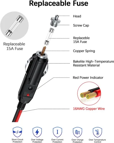 Vista 3 de Adaptador divisor de encendedor de cigarrillos para automóvil, 2 enchufes, cable de extensión de salida múltiple de 12 V-24 V, doble enchufe hembra