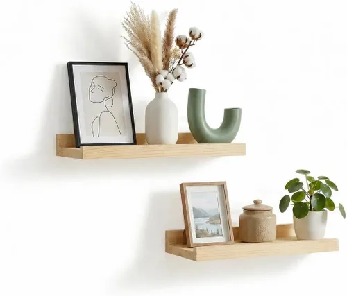 Vista 17 de Z metnal Mini estantes flotantes, pequeño estante de pared de madera natural para repisa de fotos, Pawlownia, montado en la pared, marrón claro, 6 x