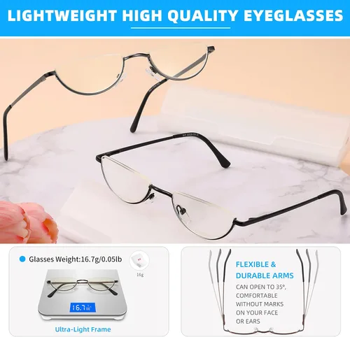 Vista 5 de Half Lens Reading Glasses Blue Light Blocking, Half Moon Frame Semi Rim Spring Hinge Readers with Case for Men Women