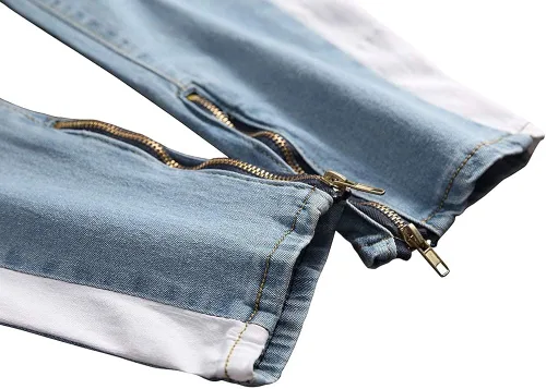 Vista 3 de LONGBIDA Mens Slim Fit Jeans Stretch Destroyed Ripped Skinny Side Striped Ankle Zipper Denim Pencil Pants