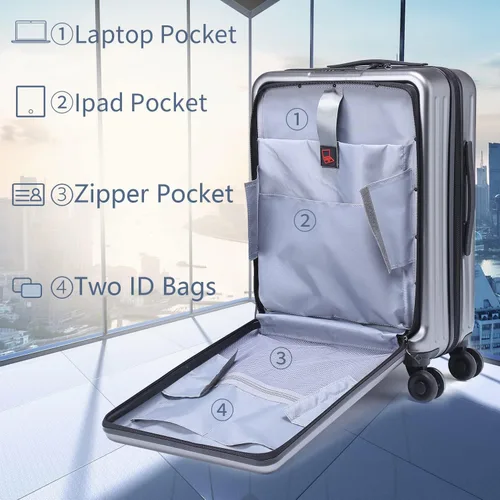 Vista 2 de TydeCkare Equipaje de mano de 20 pulgadas con bolsillo frontal con cremallera, 45L, maleta rígida ligera de ABS + PC con bloqueo TSA y ruedas