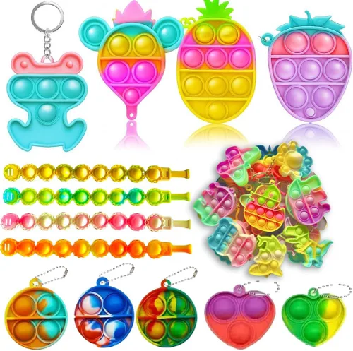Vista 2 de Paquete de 125 juguetes para la ansiedad, regalos de fiesta, juego sensorial de burbujas seleccionadas al azar, 65 calcomanías, regalos para niños