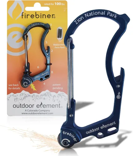 Vista 31 de OUTDOOR ELEMENT Firebiner Custom Engraved 6-in-1 Fire Starter Carabiner Multitool – Survival Gear EDC Keychain with Utility Blade, Bottle Opener