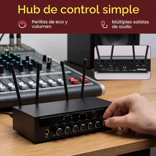 Vista 6 de Pyle Micrófonos inalámbricos, micrófonos duales UHF profesionales para karaoke, sistema de micrófono dinámico inalámbrico con receptor recargable