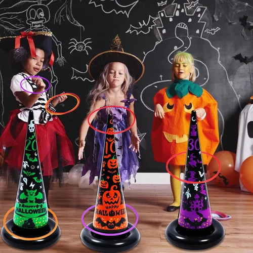 Vista 4 de Juegos de fiesta de Halloween, sombrero de bruja inflable, juegos de lanzamiento de anillos para niños y adultos, familia, juguetes y decoraciones