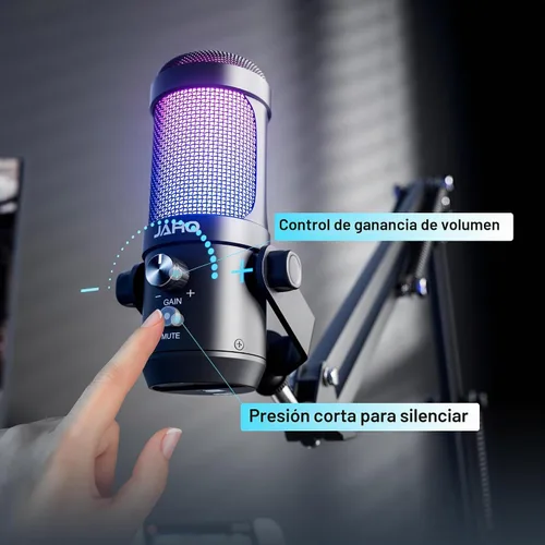 Vista 5 de JARO Micrófono USB para podcast con brazo de brazo, micrófono de condensador de estudio con monitoreo en tiempo real, silencio, control de volumen