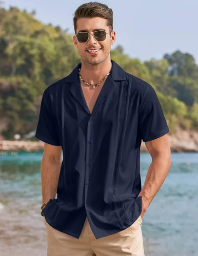 Vista 2 de COOFANDYMen'sCubanGuayaberaShirtsShortSleeveButtonDownShirtsSummerBeachShirts
