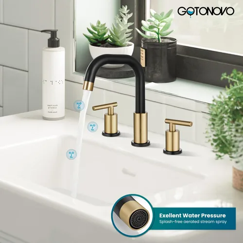 Vista 4 de gotonovo Grifo de lavabo de baño de 8 pulgadas, 3 agujeros, 2 asas, lavabo con drenaje desplegable con válvulas mezcladoras frías y calientes