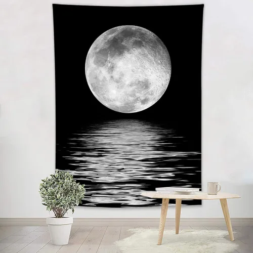Vista 20 de LB Tapiz pequeño de luna llena sobre océano, tapiz de pared de cielo nocturno estrellado, fantasía 3D, arte de pared de luna grande en blanco