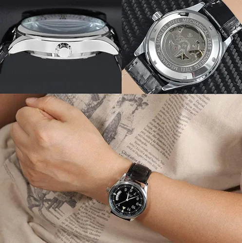 Vista 5 de Carlien Hombre Sport Date Correa de cuero negro Reloj automático automático (negro), Negro -, Reloj de cuerda automática, cuerda automática
