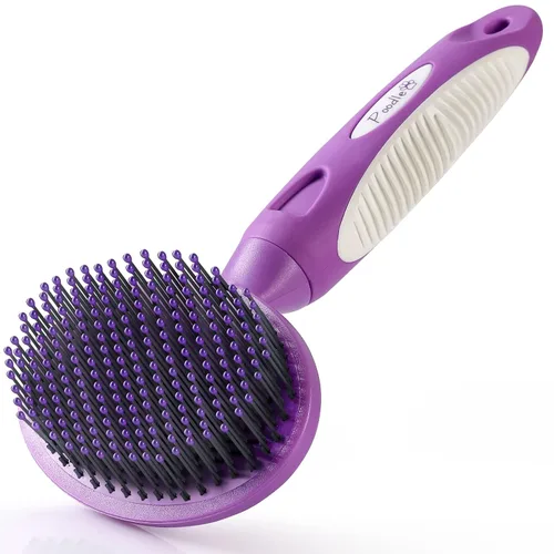 Vista 9 de Cepillo de cerdas redondas para mascotas para perros y gatos, cepillo suave para perros para aseo de pelo corto o largo, herramienta suave para Negro