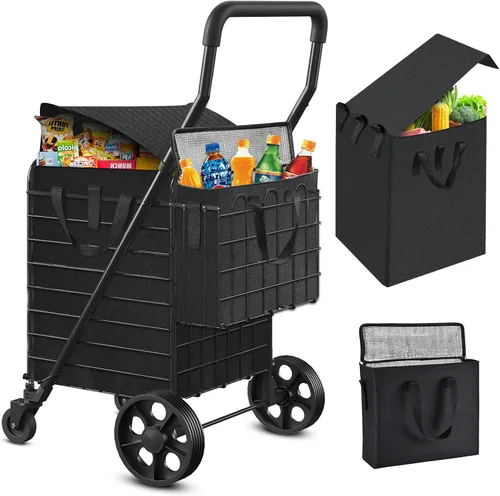 Vista 8 de Siffler Carrito de compras con capacidad de 396lbs, carrito de compras grande actualizado con ruedas, carritos de compras plegables resistentes