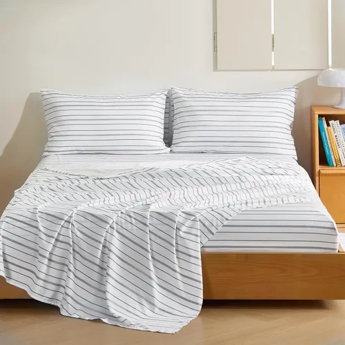 Vista 10 de MCO Juego de sábanas a rayas de 4 piezas, juego de sábanas Full transpirable con bolsillo profundo de 16", moderno y lujoso, juego de ropa de cama