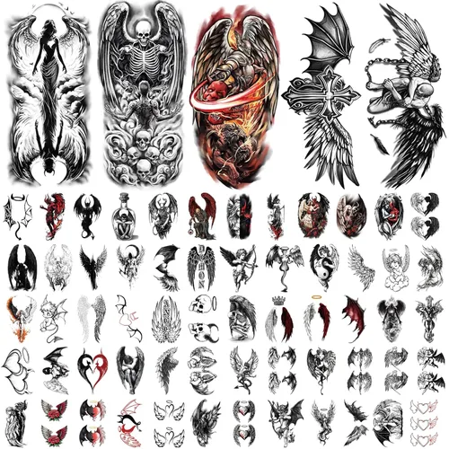 Vista 2 de 77 hojas de tatuajes temporales para mujeres y hombres, 17 hojas de tatuajes falsos grandes de ángel negro y diablo, 60 hojas de alas de corazón