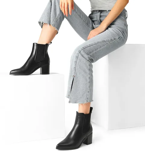 Vista 7 de DREAM PAIRS Botines Chelsea elásticos retro para mujer, a la moda, tacón bajo y grueso, puntera puntiaguda, botines de tacón de otoño