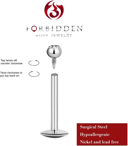 Vista 3 de Forbidden Body - Piercing de acero quirúrgico de acero quirúrgico con rosca interna de micro circonita cúbica, tragus, labret, hélice, parte