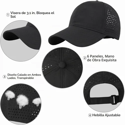 Vista 3 de Enwokran Gorra de béisbol deportiva de secado rápido para hombre, gorra atlética ajustada de malla ajustable, gorra lisa para correr, gorra de Negro