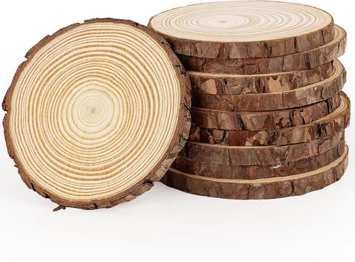 Vista 11 de ilauke Rebanadas de Madera, 10 Piezas de 3.5"-4" de Madera Natural Redondas, Círculos de Madera con Corteza, Kit de Madera Sin Terminar