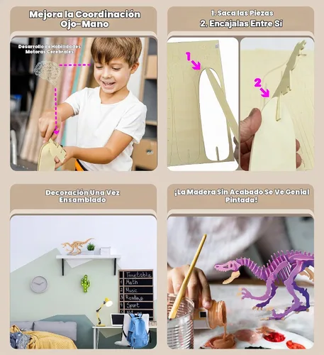 Vista 3 de Puzzled Rompecabezas 3D Velociraptor Dinosaurio Madera Kit de Construcción Divertido Único y Educativo DIY Juguete de Dino de Madera Montar