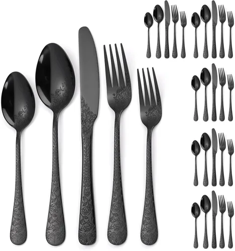 Vista 9 de Juego de Cubiertos Florales Negros para 6 Vajilla de Acero Inoxidable 30 Piezas Cubiertos Únicos Utensilios para Comer Vajilla Elegante Tenedor