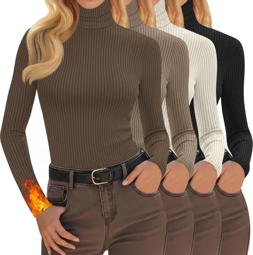 Vista 16 de Oakgarden Paquete de 4 camisetas térmicas de cuello alto para mujer, de manga larga, acanaladas, de algodón, ajustadas, capa base, ropa