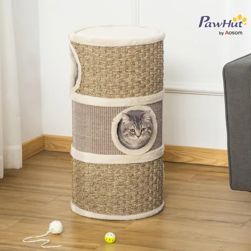 Vista 2 de PawHut Condominio para gatos de 28 pulgadas, escondite para gatos de 3 pisos con almohadilla de sisal, árbol pequeño en forma de barril para gatos