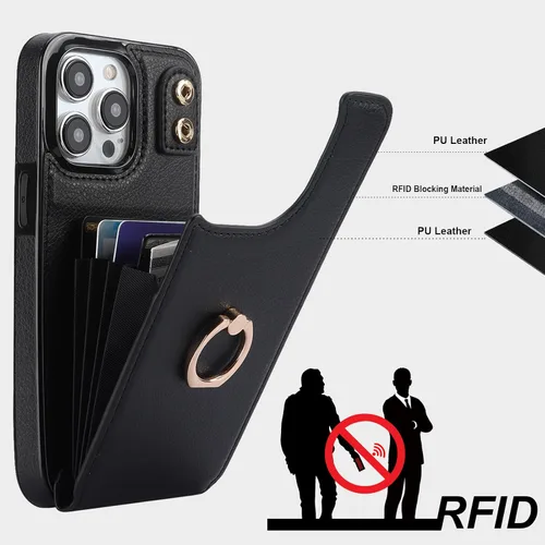 Vista 5 de Folosu Funda compatible con iPhone 15 Pro Max con soporte para tarjetas, rotación de 360°, soporte de anillo de dedo con función atril, bloqueo Negro