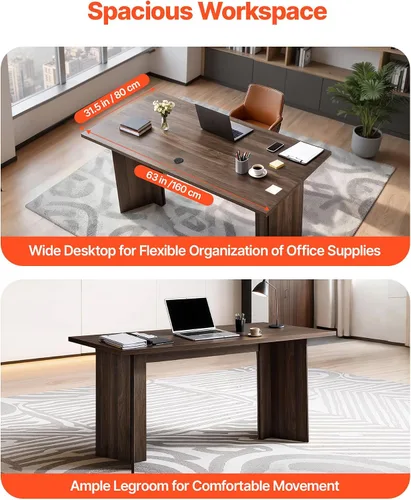 Vista 4 de VEVOR Escritorio ejecutivo de 63 pulgadas, mesa de oficina rectangular grande y moderna, mesa ejecutiva de madera resistente con orificio de Nogal