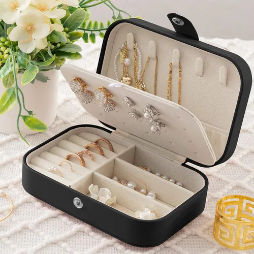 Vista 6 de Oyydecor Joyero portátil pequeño de 2 capas organizador de joyas de viaje de piel sintética para anillos collares aretes pulseras regalo de San