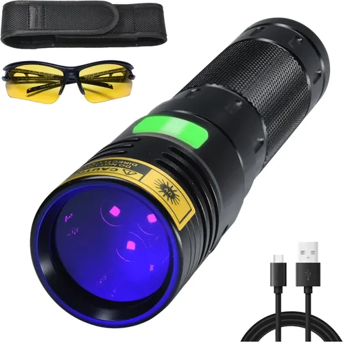 Vista 7 de DARKBEAM Linterna UV 395nm Luz Negra, 20W Alta Potencia 3 LEDs UV USB-C Recargable, Mini Lámpara Woods Ultravioleta con Gafas- Detector para Orina