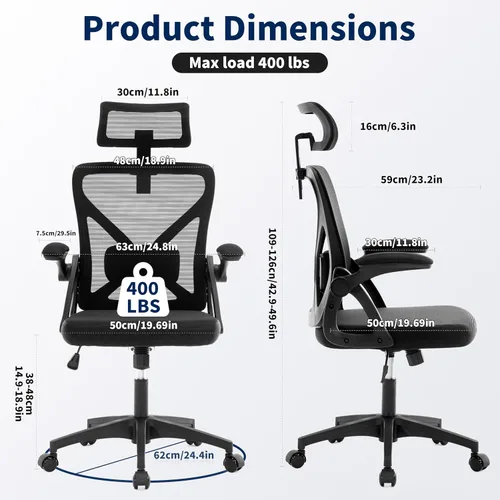 Vista 2 de Silla de oficina, silla de escritorio ergonómica con soporte lumbar ajustable, silla de computadora de malla de 400 libras, respaldo alto con Negro