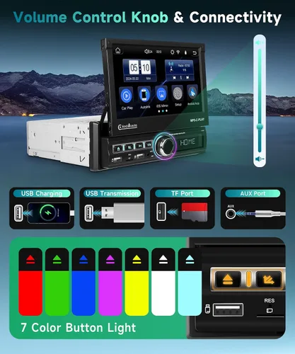 Vista 4 de Estéreo de coche de un solo DIN con Carplay inalámbrico Android Auto, pantalla táctil motorizada de 7 pulgadas con Bluetooth Radio de coche
