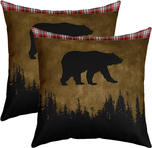 Vista 25 de Erosebridal Juego de 2 fundas de almohada rústicas con diseño de oso, de 16x16 pulgadas, fundas de almohada de cuadrícula de búfalo, fundas
