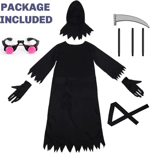 Vista 2 de Grim Reaper - Disfraz de Halloween con ojos rojos brillantes y guadaña para niños y niñas disfraz espeluznante fantasma para Halloween y cosplay