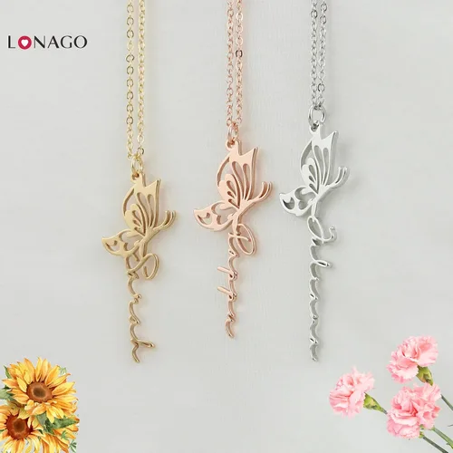 Vista 2 de LONAGO Collar de mariposa con nombre personalizado con dije de mariposa, regalo para mujer cobre-color oro rosa