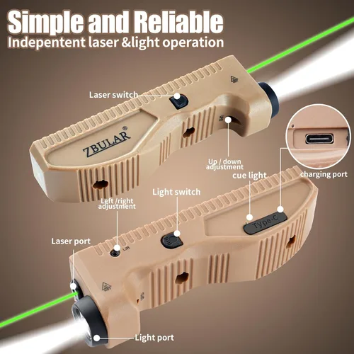 Vista 3 de Linterna táctica ZBULAR de 1650 lúmenes, equipada con láser verde y luces LED blancas, recargable por USB-C, función estroboscópica, salida