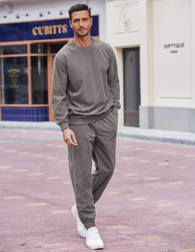 Vista 3 de COOFANDY Conjunto deportivo de 2 piezas para hombre, sudadera de manga larga, sin botones, para deportes, casual, fitness, trotar