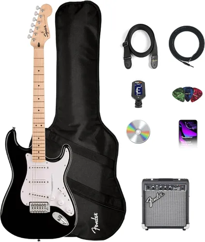 Vista 13 de Paquete Fender Squier Affinity Stratocaster Edición Limitada con amplificador Frontman 10G, estuche, cable de instrumento, correa, púas y DVD